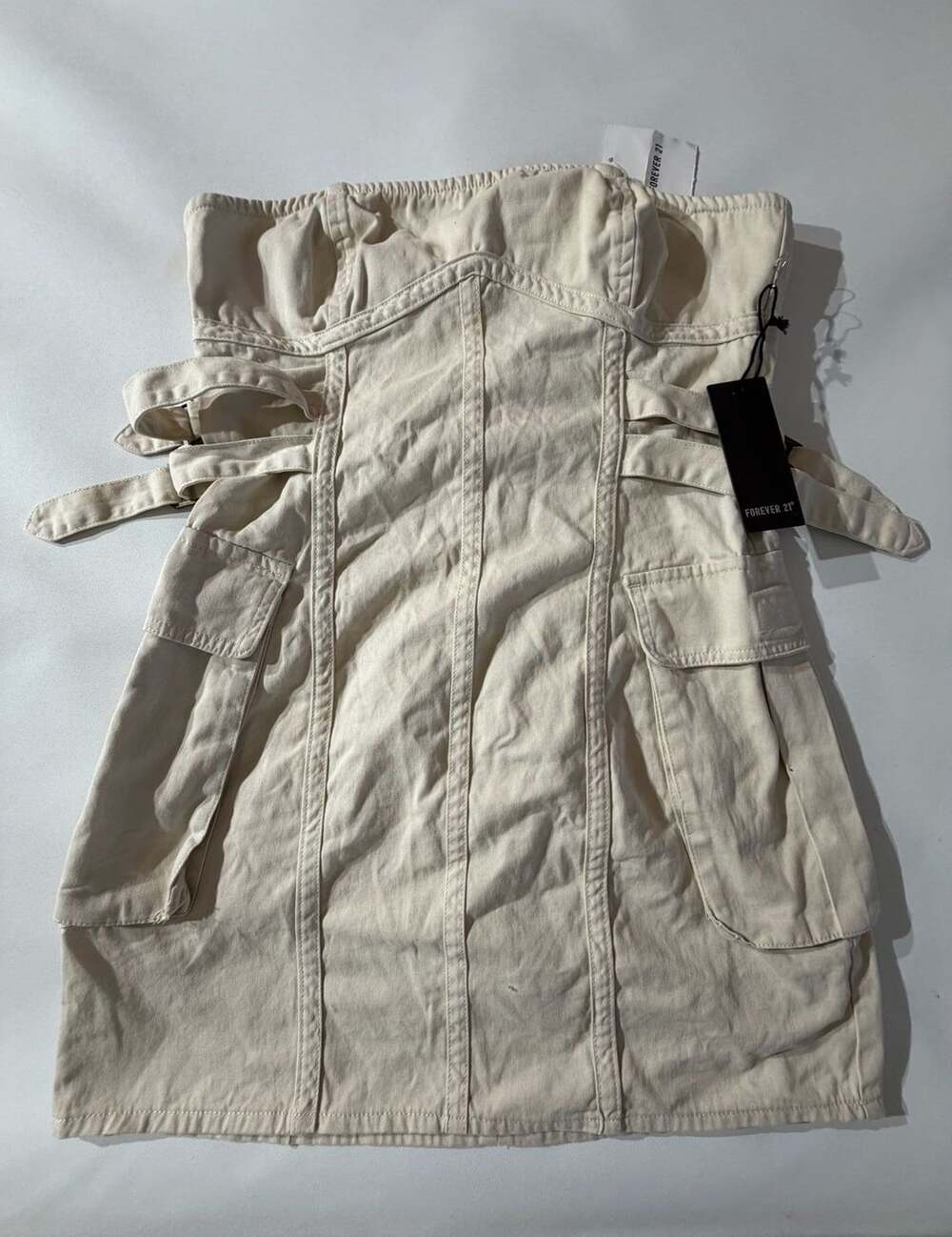 Forever 21 Strapless Cargo Utility Denim Mini Dress Beige NWT Womens Large